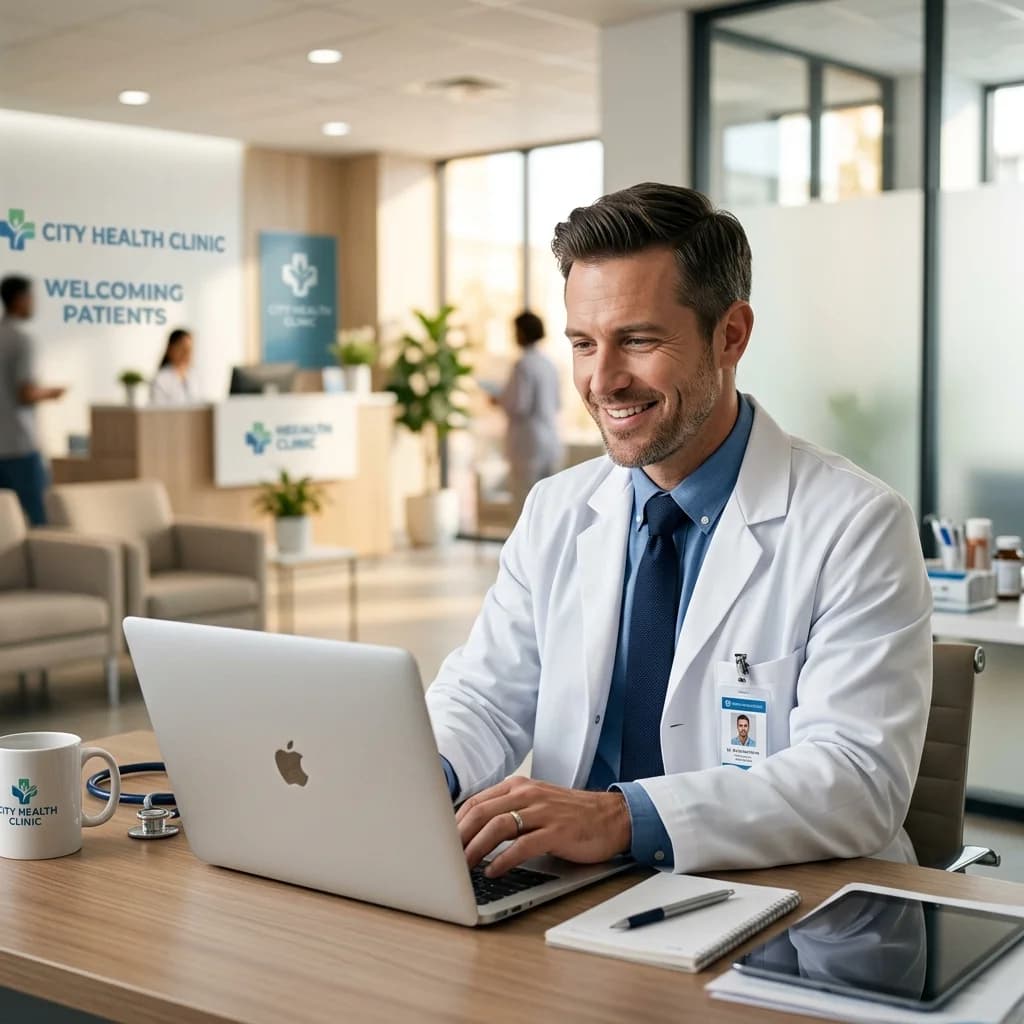 Medico sonriendo frente a una laptop con evel.ia abierto en su consultorio